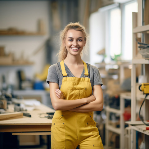 Smiling woman mason working on blurred background