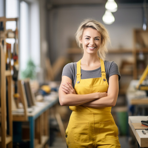 Smiling woman mason working on blurred background