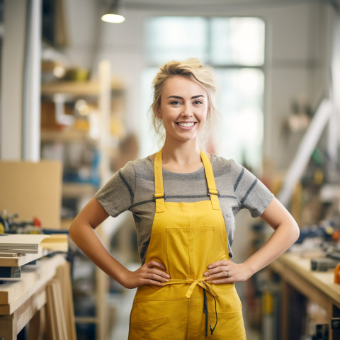 Smiling woman mason working on blurred background