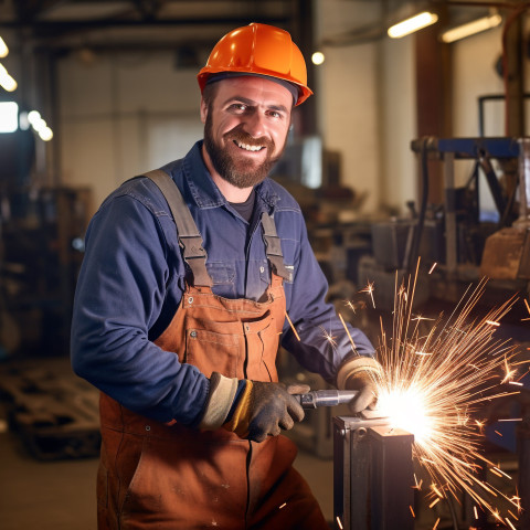 Smiling welder working on blurred background