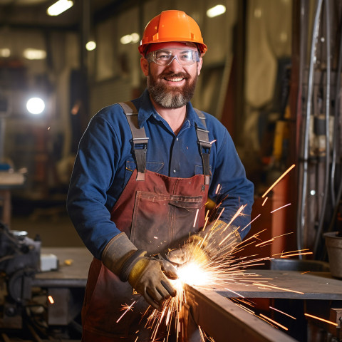 Smiling welder working on blurred background