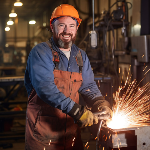 Smiling welder working on blurred background