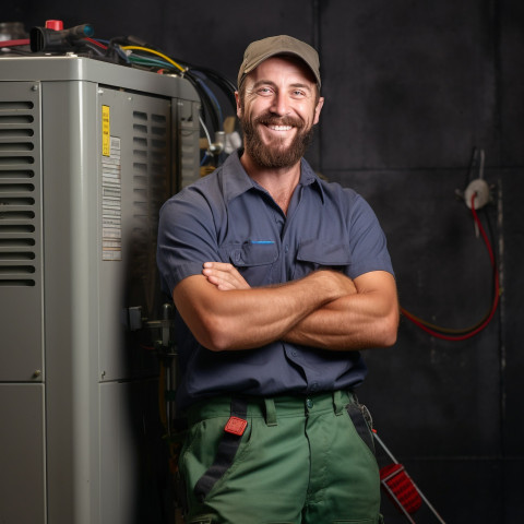 HVAC technician smiling and working on blurred background