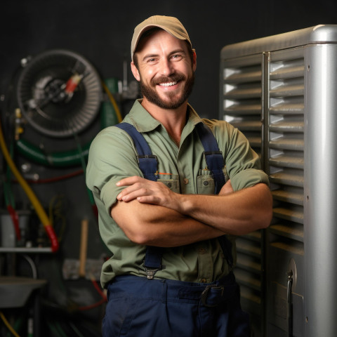 HVAC technician smiling and working on blurred background