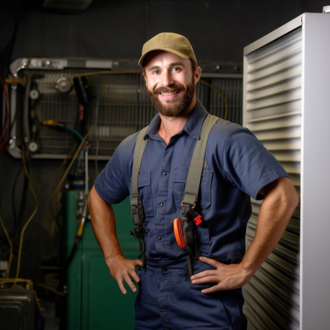 HVAC technician smiling and working on blurred background