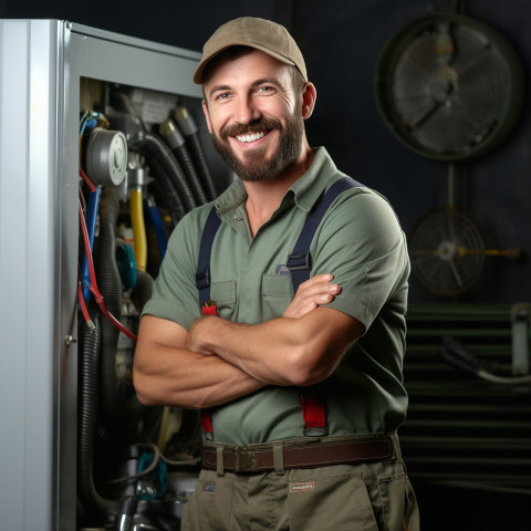 HVAC technician smiling and working on blurred background