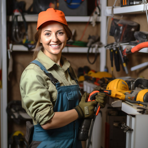 Smiling woman plumber at work