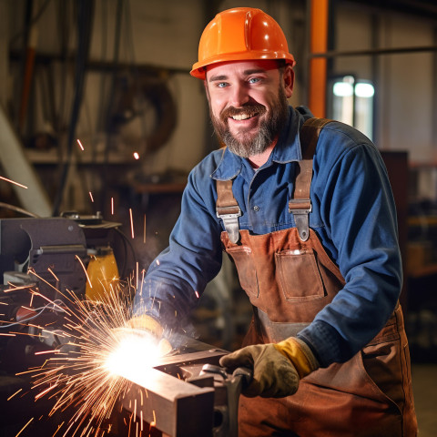 Smiling welder working on blurred background