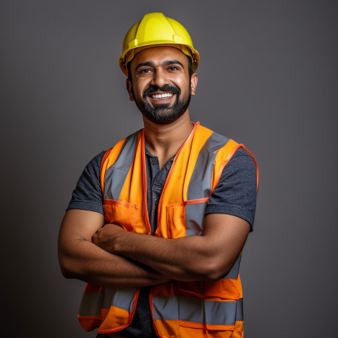 Smiling Indian construction worker at work