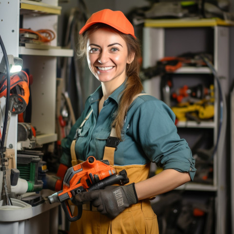 Smiling woman plumber at work