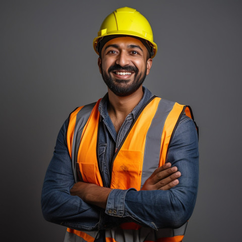 Smiling Indian construction worker at work