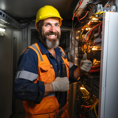 Electrician working on blurred background