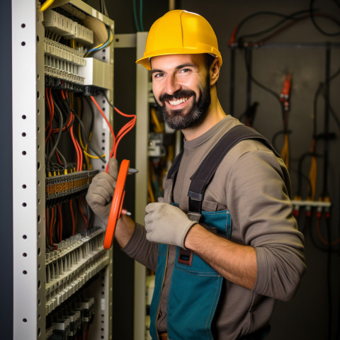 Electrician working on blurred background