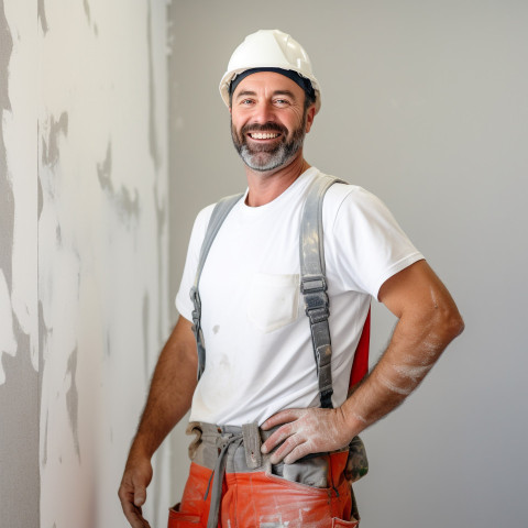 Drywall contractor working on blurred background