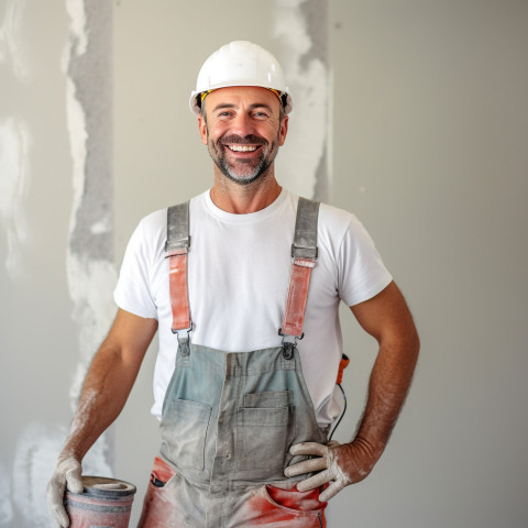 Drywall contractor working on blurred background