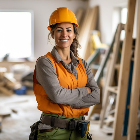 Woman builder working on blurred background