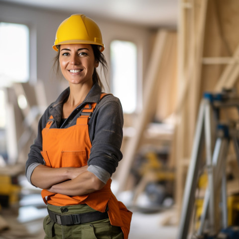 Woman builder working on blurred background