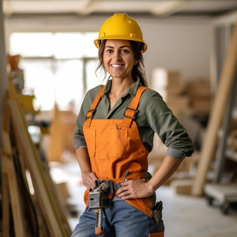 Woman builder working on blurred background