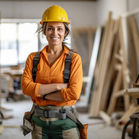 Woman builder working on blurred background