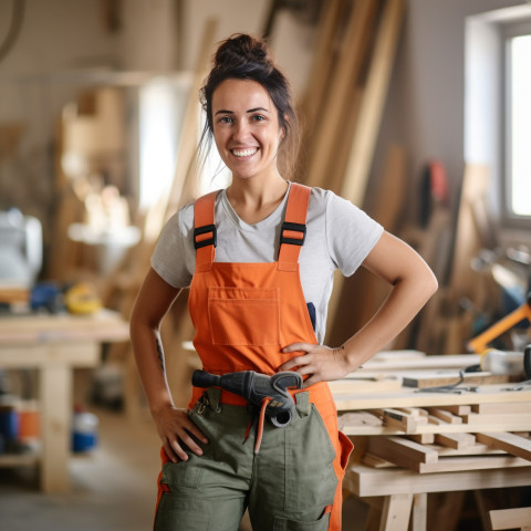 Smiling female carpenter working on blurred background