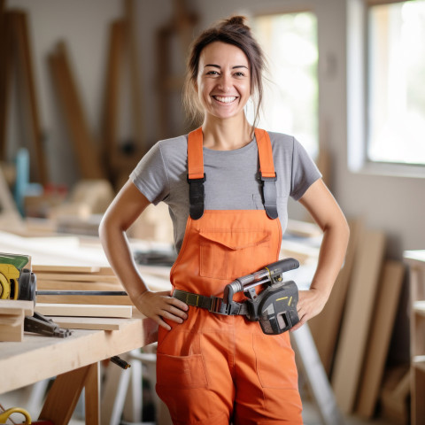 Smiling female carpenter working on blurred background