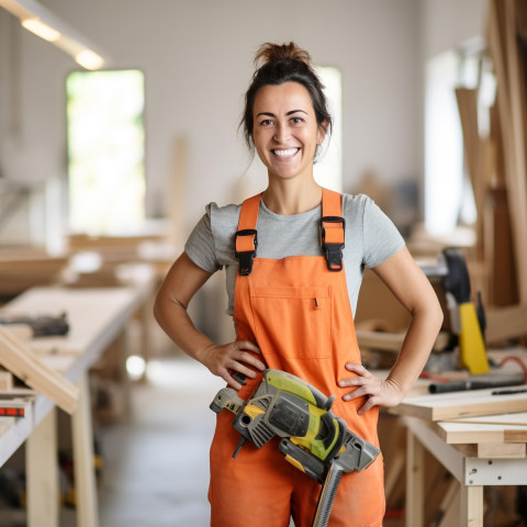 Smiling female carpenter working on blurred background