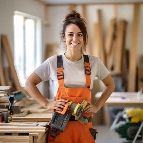 Smiling female carpenter working on blurred background