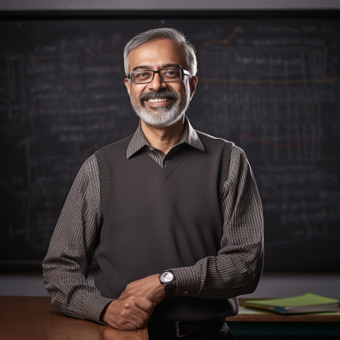 Indian professor working confidently in blurred background