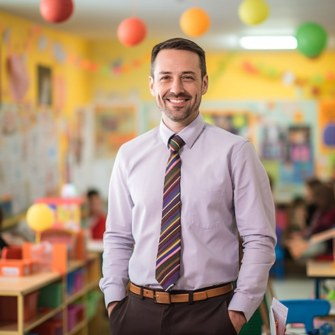 Male kindergarten teacher working blurred background