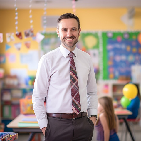 Male kindergarten teacher working blurred background