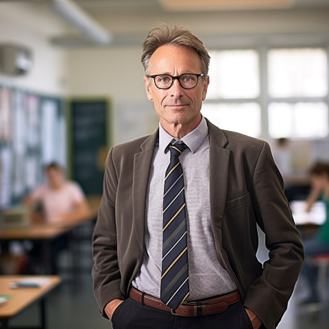 Focused professor working on blurred background