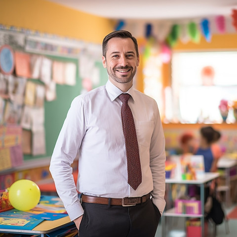 Male kindergarten teacher working blurred background