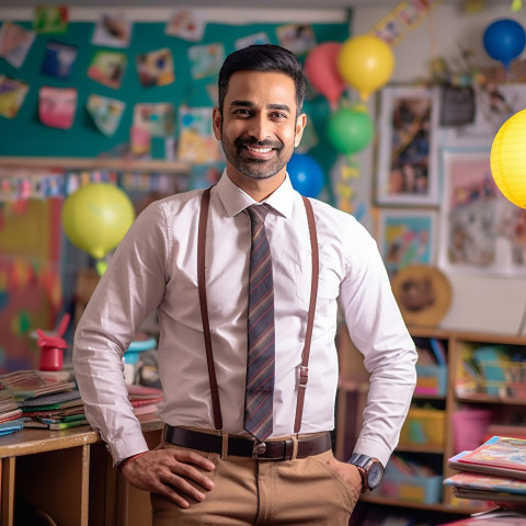 Indian preschool male teacher working on blurred background