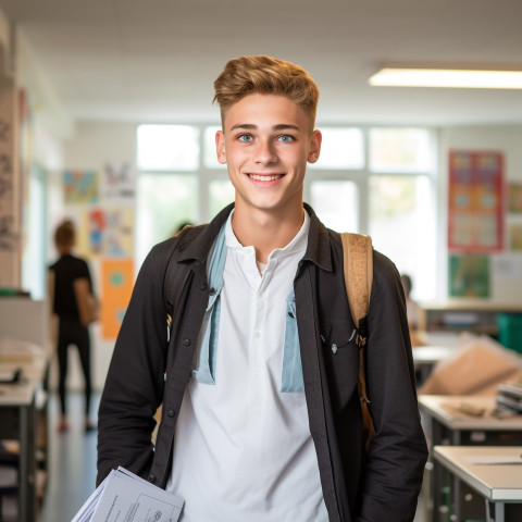 Confident male high school student working in blurred background