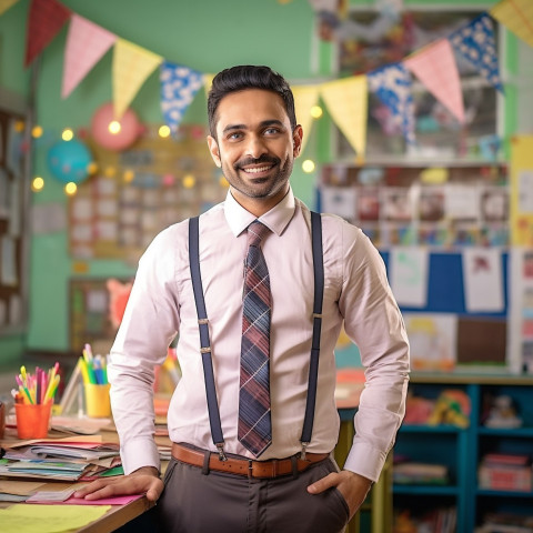 Indian preschool male teacher working on blurred background