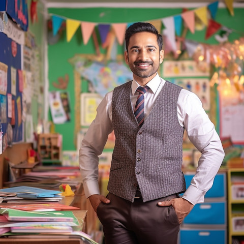 Indian preschool male teacher working on blurred background