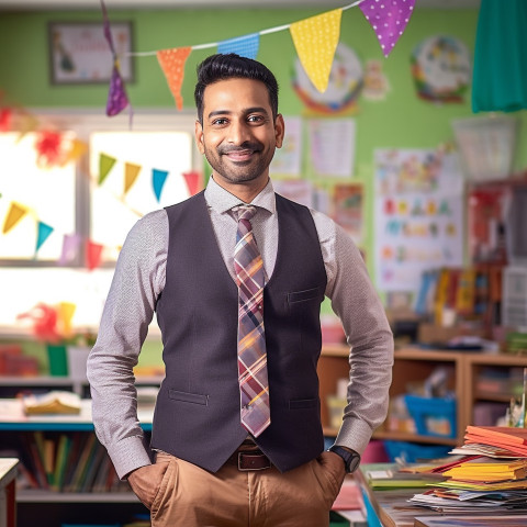 Indian preschool male teacher working on blurred background