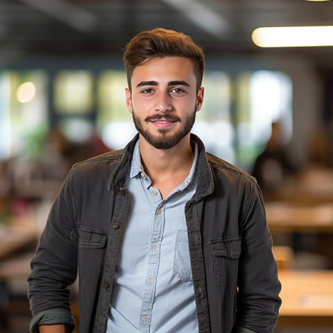 International student working confidently with blurred background