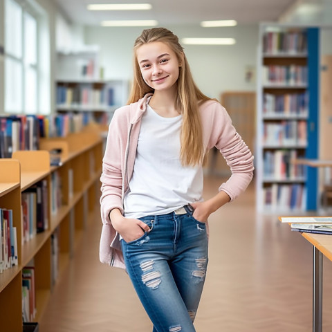 Confident middle school girl working on blurred background