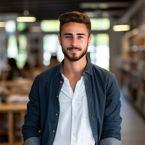 International student working confidently with blurred background