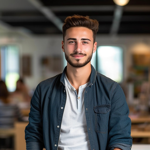 International student working confidently with blurred background