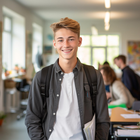 Confident male high school student working in blurred background