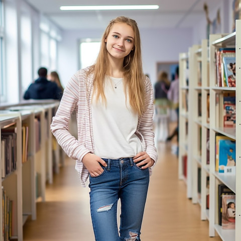 Confident middle school girl working on blurred background