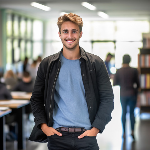 Male college student studying on blurred background