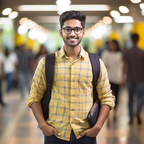 Indian male college student studying on blurred background