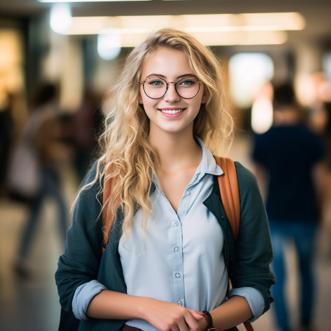 Female student working on a blurred background