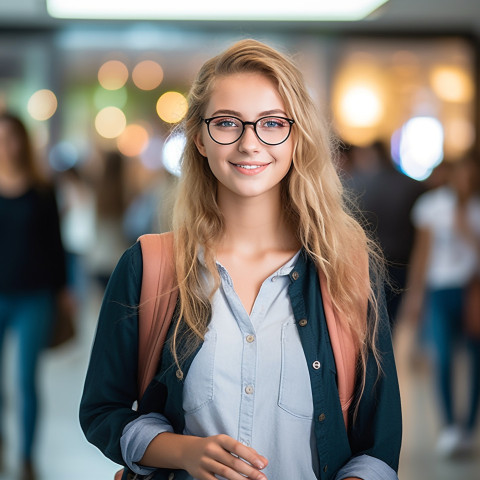 Female student working on a blurred background