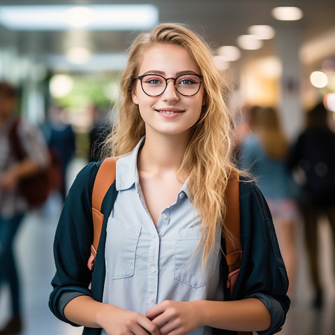 Female student working on a blurred background