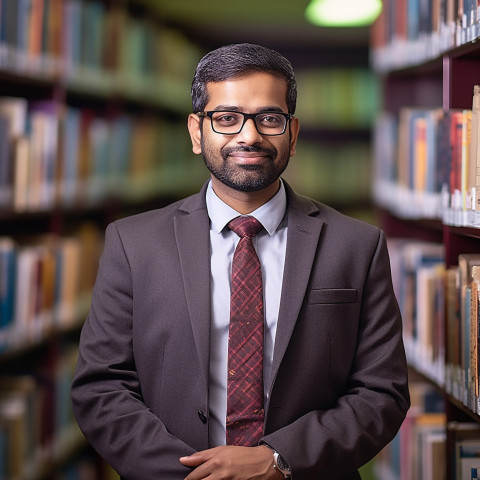 Confident Indian male librarian working in a blurred background