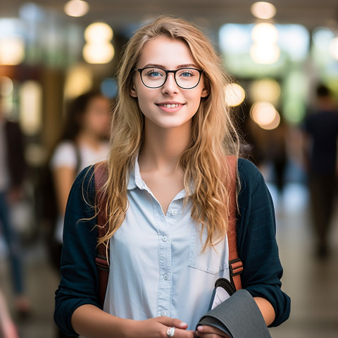 Female student working on a blurred background